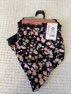 Floral Lace-Trim Thong Panty - Black with Pink Floral